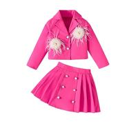 Generisch Girls 2-Piece Set of Short Blazer and Pleated Skirt - Elegant Costume with Feather and Pearl Details | Chic Outfit for Festive Occasions, Style_s01 Hot Pink, 5-6 Jahre