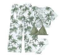 Generisch Girls 4 Piece Swimsuits Tropical Print Halter Bikini Set Swimsuits with Mesh Pants, Green, 9-10 Years