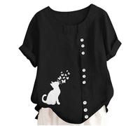 Generisch Girls' Blouse Playfully Designed with Cat Motif Short Sleeve Tunic with Button Placket and Butterfly Print Casual Summer Shirt Made of Linen Look