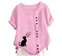 Generisch Girls' Blouse Playfully Designed with Cat Motif Short Sleeve Tunic with Button Placket and Butterfly Print Casual Summer Shirt Made of Linen Look