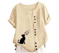 Generisch Girls' Blouse Playfully Designed with Cat Motif Short Sleeve Tunic with Button Placket and Butterfly Print Casual Summer Shirt Made of Linen Look