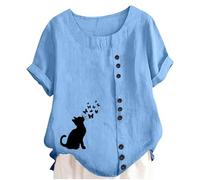 Generisch Girls' Blouse Playfully Designed with Cat Motif Short Sleeve Tunic with Button Placket and Butterfly Print Casual Summer Shirt Made of Linen Look
