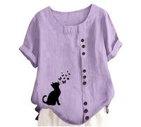 Generisch Girls' Blouse Playfully Designed with Cat Motif Short Sleeve Tunic with Button Placket and Butterfly Print Casual Summer Shirt Made of Linen Look