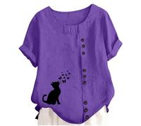 Generisch Girls' Blouse Playfully Designed with Cat Motif Short Sleeve Tunic with Button Placket and Butterfly Print Casual Summer Shirt Made of Linen Look
