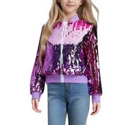 Generisch Girls' Carnival Colour Block Sequins Beads Zip Long Sleeve Jacket Women's Coat Elegant Black, Hot Pink, 9-10 Years