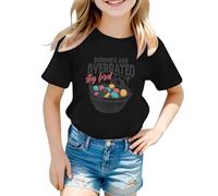 Generisch Girls' Cold Shoulder Top with Graphic Print and Open Shoulder Detail - Black Short Sleeve Shirt with Motif Front Print Casual Shirt for Fashion-Conscious Girls