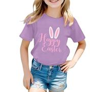 Generisch Girls' Cold Shoulder Top with Happy Easter Bunny Print - Short Sleeve Shirt with Shoulder Cut-Out and Easter Motif Festive Season Shirt for Girls