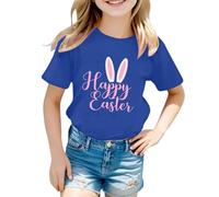 Generisch Girls' Cold Shoulder Top with Happy Easter Bunny Print - Short Sleeve Shirt with Shoulder Cut-Out and Easter Motif Festive Season Shirt for Girls