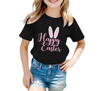 Generisch Girls' Cold Shoulder Top with Happy Easter Bunny Print - Short Sleeve Shirt with Shoulder Cut-Out and Easter Motif Festive Season Shirt for Girls