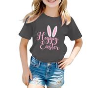 Generisch Girls' Cold Shoulder Top with Happy Easter Bunny Print - Short Sleeve Shirt with Shoulder Cut-Out and Easter Motif Festive Season Shirt for Girls