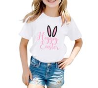 Generisch Girls' Cold Shoulder Top with Happy Easter Bunny Print - Short Sleeve Shirt with Shoulder Cut-Out and Easter Motif Festive Season Shirt for Girls