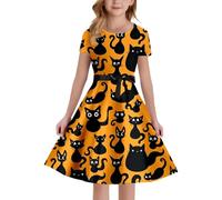 Generisch Girls Halloween Medieval Party Dress Blood Spot Print A-line Short Sleeve Costume with Elastic Zip on the Back for Festive Occasions (Orange, 11-12 Years)