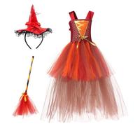 Generisch Girls Halloween Witch Costume Masquerade Skirt with Hat and Broom | Children's witch outfit tulle for sweet or sour birthday carnival stage performance fancy party