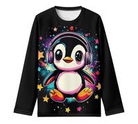 Generisch Girls' Long-Sleeved Shirt Imaginative Printed with Galaxy Penguin - Black Top with Cute Animal and Space Motif Colourful Sweatshirt for School and Leisure