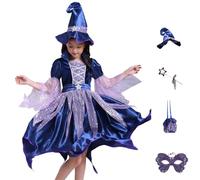 Generisch Girls Medieval Witch Costume Fair Dress Halloween Party Dress Elegant Gothic Fairy Tale Book Character Outfit for Children (Navy, 5 - 6 Years)