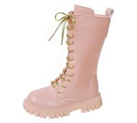 Generisch Girls' Princess Ankle Boots with Golden Laces Soft Flat Boots Children's Boots Breathable Comfortable Fashionable Long Shaft Lace-Up Boots for Girls, 02 Pink, 9/10 UK Child