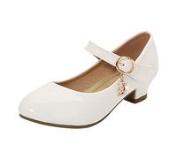 Generisch Girls Princess Dress Shoes with Heel for Elementary School Students, Real Leather Holiday Shoes with Non-Slip Sole, Elegant Evening Shoes for Kids Size 8-3, White, 10 UK Child