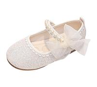 Generisch Girls Sandals Fashion Pattern Cute Versatile Pearl Bow Decoration Flat Bottom Hook Loop Comfortable Shoes, White, 30 EU 3X-Schmal