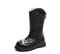 Generisch Girls' Sequin Boots Sparkle Knee Shoes Pearl Bow Faux Leather Princess Patent Boots Mid Calf Water-Repellent Winter Boots Winter Long Autumn Boots for Festival, black, 31.5 EU