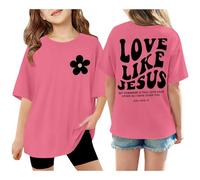 Generisch Girls' Short-Sleeved T-Shirt with 'Love Like Jesus' Print Graphic Shirt Sweatshirt Oversized Casual Shirts Loose Summer Tops Blouse for Christians