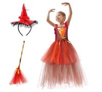 Generisch Girls Witch Halloween Costume Masquerade Skirt with Hat and Broom | Children's witch costume for sweet or sour birthday, carnival, stage performance, fancy party