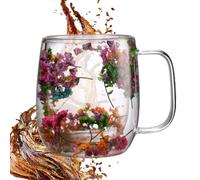 Generisch Glass Coffee Cup - 250 ml, 390 ml, Clear Tea Cup - Elegant Dried Flower Design | Heat Resistant Glass Drink Mug for Cappuccino, Latte, Cold Drinks and Everyday Kitchen Use