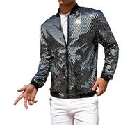 Generisch Glitter Bomber Jacket Men's Sequin Flight Jacket Stand-Up Collar Cardigan with Zip Sequin Transition Jacket 70s Disco Clothing Shiny Clubwear Stage Carnival Costumes, silver, M