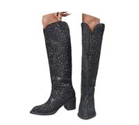 Generisch Glitter Boots Women's Sequins Knee-Length Dance Boots Party Riding Boots Knee High Shoes Round Toe Half Length Boots Winter and Autumn Knight Boots Ankle Boots, O Black, 6 UK