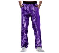 Generisch Glitter Sequin Trousers Men's Metallic Shiny Chino Trousers Plain Glitter Disco Party Outfit Elastic Waist Casual Trousers Sweatpants, purple, 3XL