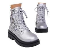 Generisch Glitter Short Boots Women's Round Toe Western Boots Shoes Ankle Boots Wide Shaft Elegant Everyday Boots Lightweight Lace-Up Ankle Boots Autumn Winter Boots, O silver., 8.5 UK