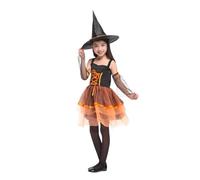 Generisch Halloween Costume Girls Witch Costume Set - Dress, Witch Hat, Wand Candy Bag & Pumpkin Basket - Soft Cotton Mix, Comfortable & Elegant - Carnival Cosplay Fancy Dress for Girls 3-15 Years