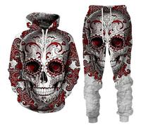 Generisch Halloween Outfit, Men's 3D Skull Print Hoodies and Jogging Bottoms, Two-Piece Y2K Oversize Tracksuit, Sports Suit, Windproof Streetwear, Punk, Horror Print, Leisure Suit, Breathable, gray