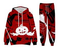 Generisch Halloween Outfit, Men's Horror Print Jogging Suit, Y2K Oversize 3D Demon Print, Leisure Suit, Waterproof, Windproof Tracksuit, 2-Piece Trousers and Skull Hoodie with Drawstring, red, S
