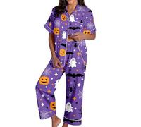 Generisch Halloween Pumpkin Print Short Sleeve Shirts and Long Trousers Women's Pyjama Set for Sleepwear Pyjama Set Costume, purple, S