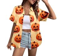 Generisch Halloween Pumpkin Short Sleeve Button Up Shirt For The Perfect Festive Party Wear, yellow, XXL