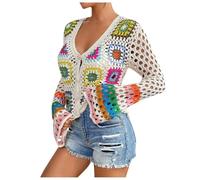 Generisch Handmade Boho Crochet Rainbow Long Sleeve Cardigan Unique Knitted Top with Openwork Ethnic Pattern, White, S