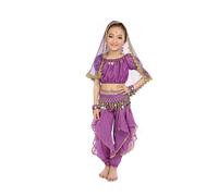 Generisch Handmade Oriental Belly Dance Set for Little Girls with Long Dance Cloth Glitter Satin Scarf Decorations - Ideal as well as Suitable for Stage Performances Festivals (Dark Purple, 8-9 Years)