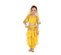 Generisch Handmade Oriental Belly Dance Set for Little Girls with Long Dance Cloth Glitter Satin Scarf Decorations - Ideal as well as Suitable for Stage Performances Festivals (Yellow, 6-7 Years)