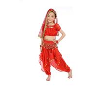 Generisch Handmade Oriental Belly Dance Set for Little Girls with Long Dance Cloth Glitter Satin Scarf Decorations - Ideal as well as Suitable for Stage Performances Festivals (Red, 4-5 Years)