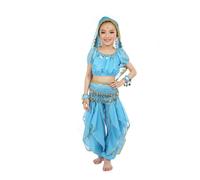 Generisch Handmade Oriental Belly Dance Set for Little Girls with Long Dance Cloth Glitter Satin Scarf Decorations - Ideal as well as Suitable for Stage Performances Festivals (Sky Blue, 4-5 Years)