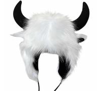 Generisch Helmet Cap with Horns, Furry Earmuffs, Winter Hat, Buffalo Face, Fluffy Ear Cover, Earflap Hat, Soviet Hat, White, One Size