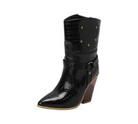 Generisch High Heels Ankle Boots Block Heel Cowboy Boots Women's Leather Western Boots Pointed Toe Half Boots Colourful Riding Boots Long Shaft Slip On Boots Elegant PU Earth Boots, black, 4 UK
