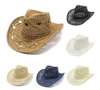 Generisch Hollow Breathable Western Straw Cowboy Hat Sun Hat Women Men Texas Hat Kids Sun Hat Unisex Panama Hat Outdoor Tie Hat Summer Hat with Chin Strap Retro Cowboy Hat, khaki, One Size