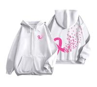 Generisch Hoodie with Ears, Men's Hoodie with Zip, Pocket and Drawstring for Everyday Use and Breast Cancer Awareness Print, Basic Pullover with Zip, White, L