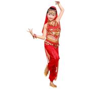 Generisch Indian Belly Dance for Halloween Performance Sets Party Dress Oriental Glitter Outfit with Veil Bangle Belly Dance Clothing Carnival Stage Performance Accessories (Red, 11-12 Years)