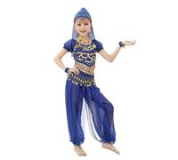 Generisch Indian Cute Personality Dance Costume for Girls Kids Dance Show Belly Dance Sequin Mesh Set(Blue, 7-8 Years)