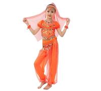 Generisch Indian Dance Costume for Girls Cute Sequin Net Outfit Kids Dance Show Belly Dance Performance (Orange, 5-6 Years)