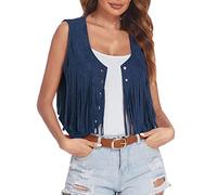 Generisch Jacket Fringe Vest Women's Faux Suede Open Front Vest Sleeveless 70s Hippie Clothing Boho Western Jacket, blue, S