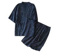 Generisch Japanese Kimono Men's Pyjamas Plus Size Short Sleeve Top and Pyjama Bottoms Classic Traditional Dressing Gown Stylish Cotton Bathrobe Breathable Casual Wear, O Navy, L