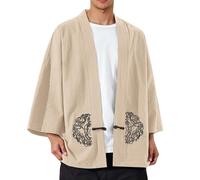 Generisch Japanese Linen Cardigan Men's Kimono Traditional Haori Jacket Embroidery Transition Jacket Coat Retro Hanfu Samurai Costume Soft Cardigan Bathrobes Lightweight Training Jacket, beige, 3XL